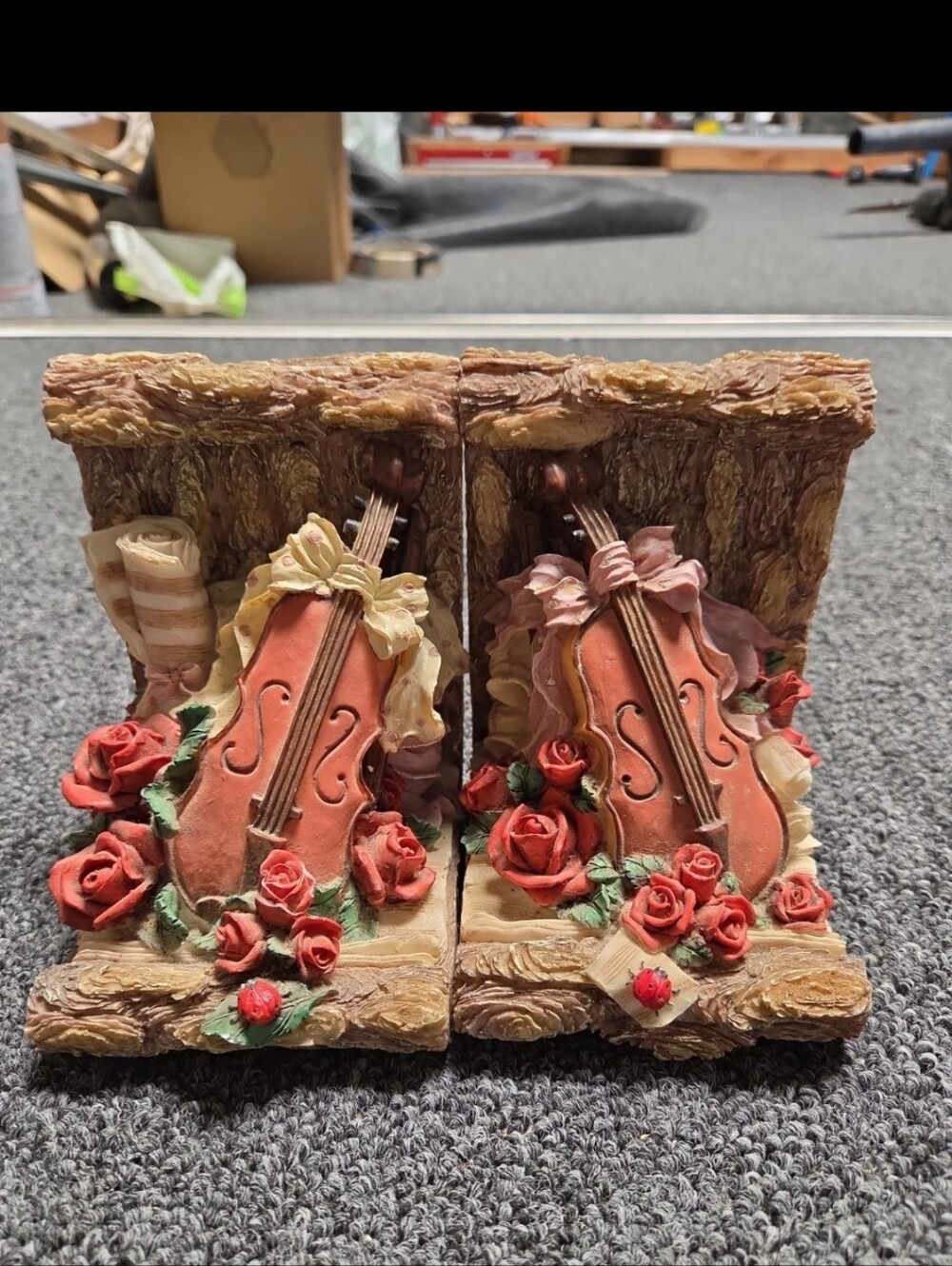 Decorative Rose Violin Bookends - Rustic Red